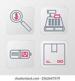 Set line Cardboard box with traffic symbol, Wallet, Cash register machine and Magnifying glass and dollar icon. Vector