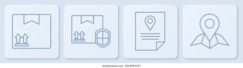 Set line Cardboard box with traffic symbol, Document tracking marker system, Delivery pack security with shield and Placeholder on map paper. White square button. Vector