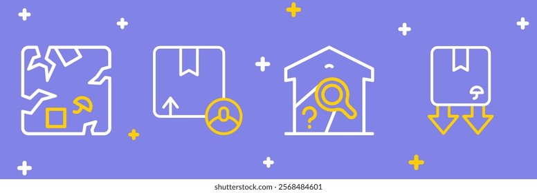 Set line Cardboard box with traffic symbol, Warehouse check, Carton cardboard and Broken icon. Vector