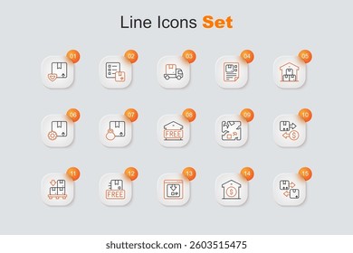Set line Cardboard box with traffic symbol, Warehouse price, Online app delivery tracking, free, boxes on pallet, Tax cardboard, Broken and Free storage icon. Vector