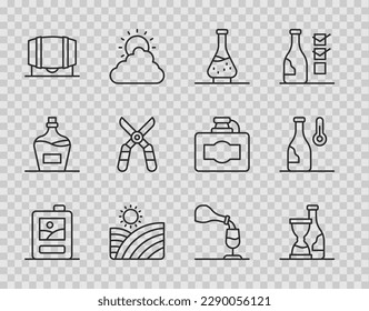 Línea Caja de cartón de vinos, Botella, Decantador para, Uvas de viñas, Barril de madera, Tijeras de jardinería, degustación de vinos, ícono de deguestación y temperatura. Vector