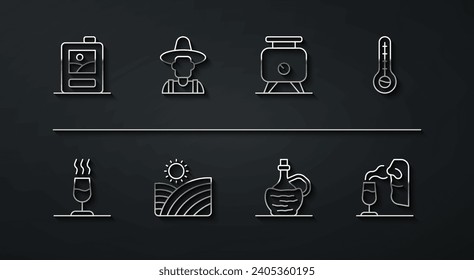 Set line Cardboard box of wine, Wine tasting, degustation, Meteorology thermometer, italian fiasco bottle, Vineyard grapes, Farmer hat, Sommelier and Fermentation icon. Vector