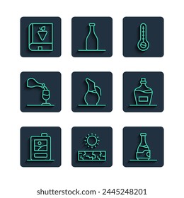 Set line Caja de cartón de vino, Sequía, Botella, Termómetro de meteorología, Decantador para vino, Cata de vinos, degustación, Libro sobre uvas e Icono de botella vieja. Vector