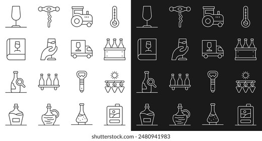 Set line Cardboard box of wine, Drying grapes, Bottles, Tractor, Wine tasting, degustation, Book about, glass and truck icon. Vector