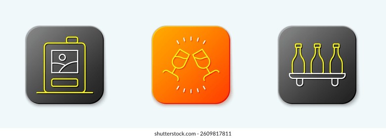 Set line Cardboard box of wine, Wine tasting, degustation and Bottle icon. Vector
