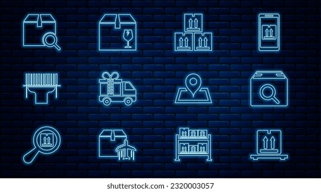Set line Cardboard boxes on pallet, Search package, with traffic, Delivery truck gift, Scanner scanning bar code, Placeholder map and fragile content icon. Vector