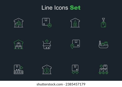 Set line Cardboard boxes on pallet, with traffic symbol, Warehouse price, Conveyor belt, Cargo ship delivery, Location cardboard, Carton and Full warehouse icon. Vector