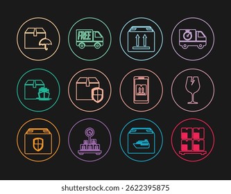 Set line Cardboard boxes on pallet, Fragile broken glass, with traffic, Delivery security shield, Cargo ship, package umbrella, Mobile app tracking and Free delivery service icon. Vector
