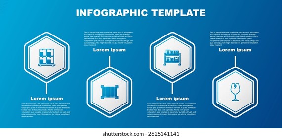Set line Cardboard boxes on pallet, Barcode, Warehouse and Fragile broken glass. Business infographic template. Vector