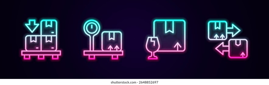 Set line Cardboard boxes on pallet, Scale with cardboard, Package fragile content and traffic symbol. Glowing neon icon. Vector