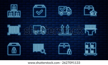 Set line Cardboard boxes on pallet, Scanner scanning bar code, Delivery truck with check mark, cargo vehicle, Barcode, traffic, This side up and Package icon. Vector