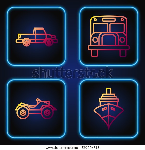 Set\
line Cargo ship, All Terrain Vehicle or ATV motorcycle, Pickup\
truck and School Bus. Gradient color icons.\
Vector