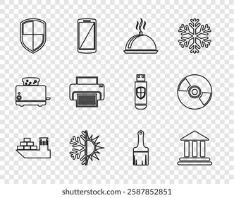 Set line Cargo ship, Bank building, Covered with tray of food, Sun and snowflake, Shield, Printer, Paint brush and CD or DVD disk icon. Vector