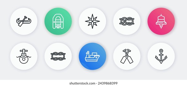 Set line Cargo ship, Ship bell, Submarine, Crossed oars or paddles boat, Nautical rope knots, Wind rose, Anchor and  icon. Vector