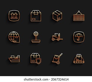 Set line Cargo ship with boxes delivery, Delivery security shield, This side up, Hand truck and, Conveyor belt, Scale, package umbrella and Forklift icon. Vector