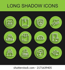 Set line Cargo ship with boxes delivery, Weight, This side up, Delivery package umbrella, Carton cardboard, Home services and Warehouse icon. Vector