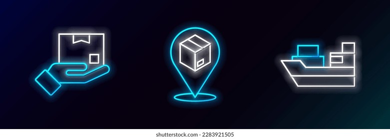 Establecer la línea de envío de carga con entrega de cajas, mano de entrega e icono de cartón de ubicación. Neón brillante. Vector