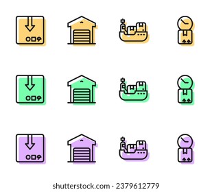 Set line Cargo ship with boxes delivery, Carton cardboard, Warehouse and Cardboard clock icon. Vector