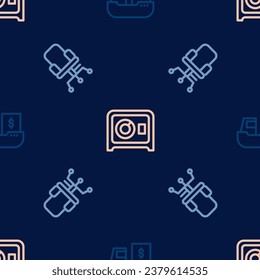 Set line Cargo ship with boxes delivery, Office chair and Safe on seamless pattern. Vector