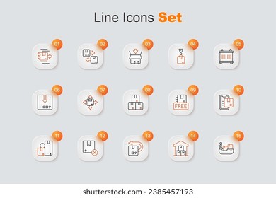 Set line Cargo ship with boxes delivery, Full warehouse, Return cardboard, Carton, Document tracking marker, Cardboard free symbol and  icon. Vector