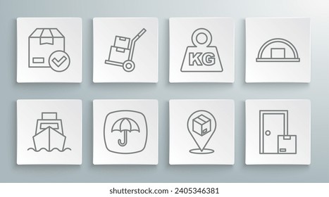 Set line Cargo ship with boxes delivery, Hand truck and, Delivery package umbrella, Location cardboard, Home services, Weight, Warehouse and check mark icon. Vector