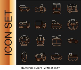 Set line Cargo ship with boxes delivery, Steering wheel, Train and railway, Delivery cargo truck, Bus, Off road and Cruise icon. Vector