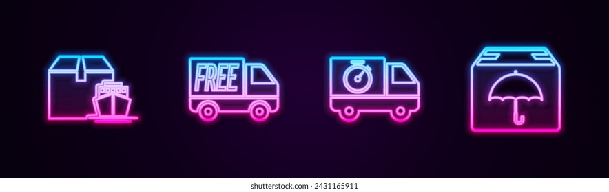 Set line Cargo ship with boxes, Free delivery service, Delivery truck and stopwatch and package umbrella. Glowing neon icon. Vector