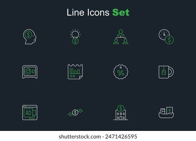 Set line Cargo ship with boxes delivery, Bank building, Money exchange, Advertising, Cup of tea, Discount percent tag, Document graph chart and Safe icon. Vector