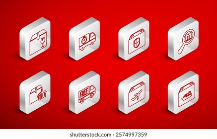 Set line Cargo ship with boxes, Delivery truck and stopwatch, security shield, Search package, Plane cardboard, fragile content, Free delivery service and  icon. Vector