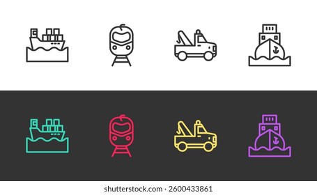 Set line Cargo ship with boxes, Train and railway, Tow truck and  on black and white. Vector
