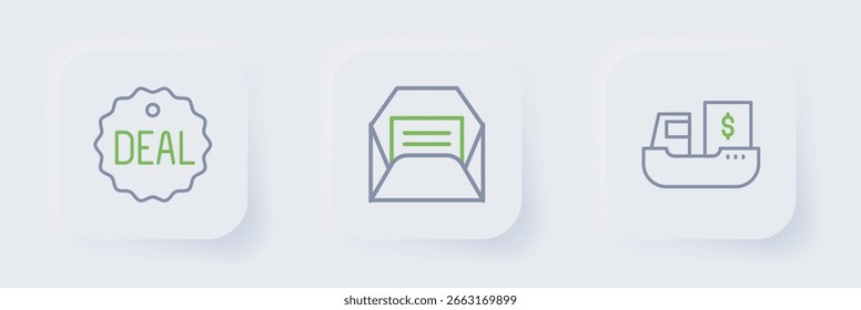 Establecer línea de envío de carga con cajas de entrega, sobre e icono de oferta. Vector
