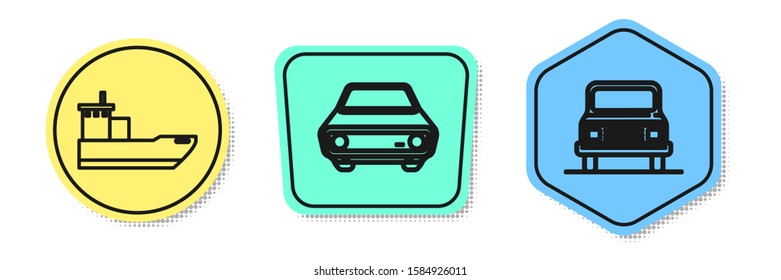 Set line Cargo ship, Car and Car. Colored shapes. Vector
