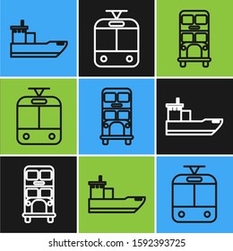 Set line Cargo ship, Double decker bus and Tram and railway icon. Vector