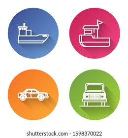 Set line Cargo ship, Fishing boat, Sedan car and Car. Color circle button. Vector