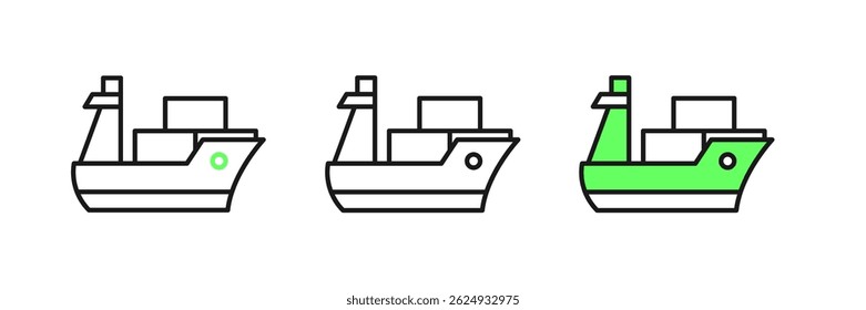 Set line Cargo ship icon isolated on white background.  Vector