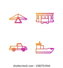 Set line Cargo ship, Pickup truck, Hang glider and Old city tram. Gradient color icons. Vector