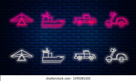 Set line Cargo ship, Pickup truck, Hang glider and Scooter. Glowing neon icon on brick wall. Vector