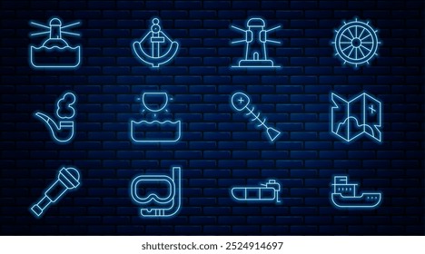 Set line Cargo ship, Pirate treasure map, Lighthouse, Sun, Smoking pipe, Dead fish and Anchor icon. Vector