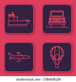Set line Cargo ship, Plane, Car and Hot air balloon. Blue square button. Vector