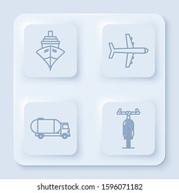 Set line Cargo ship, Plane, Tanker truck and Bicycle. White square button. Vector