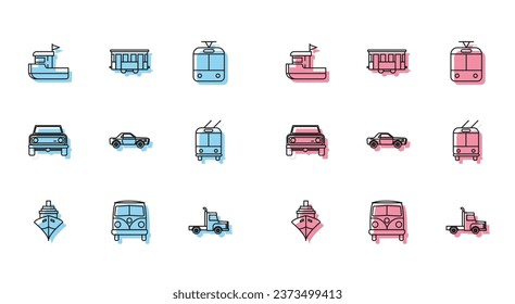 Set line Cargo ship, Retro minivan, Fishing boat, Delivery cargo truck vehicle, Sedan, Trolleybus, Off road and Old city tram icon. Vector