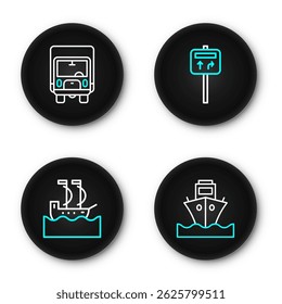 Set line Cargo ship, Sailboat, Road traffic signpost and Delivery cargo truck icon. Vector
