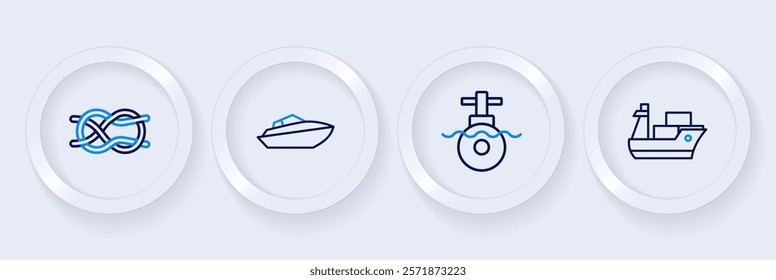 Set line Cargo ship, Submarine, Speedboat and Nautical rope knots icon. Vector