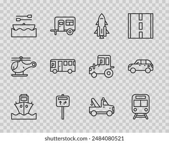 Set line Cargo ship, Train and railway, Rocket with fire, Road traffic signpost, Boat oars, Bus, Tow truck and Hatchback car icon. Vector