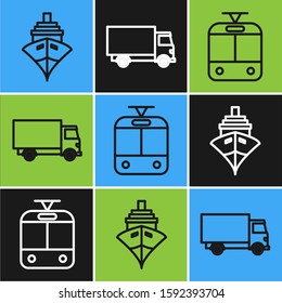 Set line Cargo ship, Tram and railway and Delivery cargo truck vehicle icon. Vector