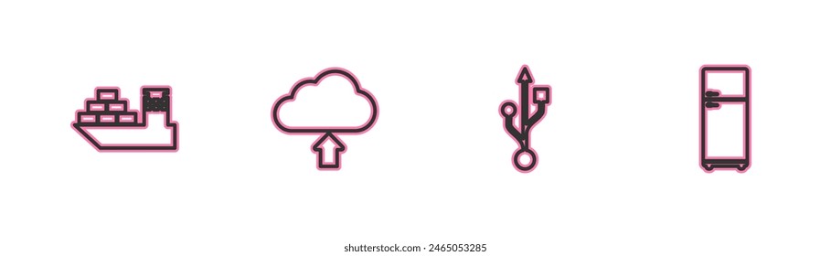 Set line Cargo ship, USB, Cloud upload and Refrigerator icon. Vector