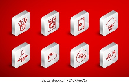 Set line Cargo ship, Washer, Safe, Cloud with snow and rain, CD or DVD disk, Medal, Sun cloud weather and Kitchen extractor fan icon. Vector