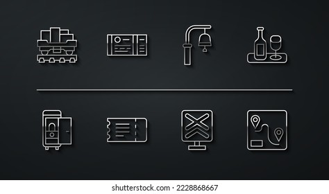 Set line Cargo train wagon, Toilet the car, Wine bottle with glass, Railroad crossing, Train ticket, Route location and station bell icon. Vector