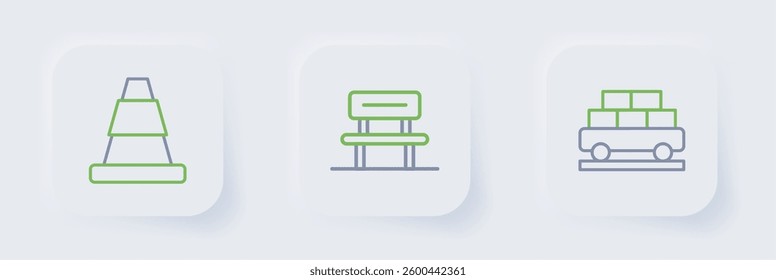 Set line Cargo train wagon, Waiting hall and Traffic cone icon. Vector