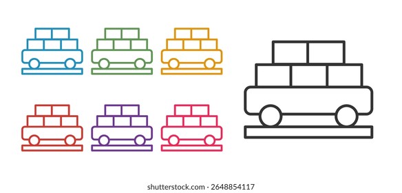 Set line Cargo train wagon icon isolated on white background. Full freight car. Railroad transportation. Set icons colorful. Vector